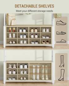 Hzuaneri Garderobenständer mit Schuhbank, Garderobe mit 13 Haken, 14 Offene Fächer, Verstellbare Ablagen, Kleiderständer für Flur, Eingangsbereich, 108 x 31 x 187 cm, Eichefarben-Weiß