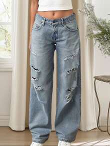Women Ripped Jeans, Button Zipper Closure Solid Loose Denim Trousers For Casual Daily - Blue - View 6