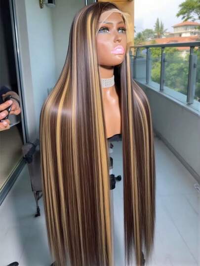 VIOLLY Perruques à front transparent HD 13x6 avec cheveux bébé, 200% de densité, mèches blondes miel ombrées droites, pour femmes, convient pour le port