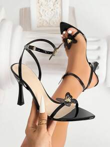 女士时尚高跟鞋，优雅蝴蝶装饰闪亮奢华系带凉鞋，尖头细高跟鞋适合夜总会、派对、舞台表演、户外、约会、购物、办公室穿着，黑色，百搭 - 黑色 - 查看 1