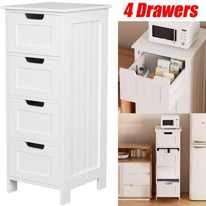 Huini 4-Drawer Floor Standing Cabinet Unit, Plastic Drawers Storage Unit, Modern White Bedroom Chest Of Drawers, PVC Waterproof Bathroom Floor Storage Cabinet, Multi-Purpose Freestanding Narrow Cupboard Organiser For Living Room Kitchen