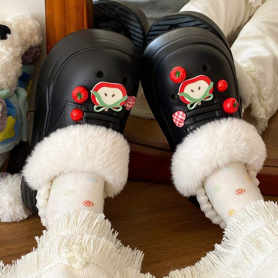 Pantuflas interiores cálidas con diseño de tomate de dibujos animados para mujeres, pantuflas de casa de punta cerrada de EVA para el hogar, dormitorio, otoño/invierno