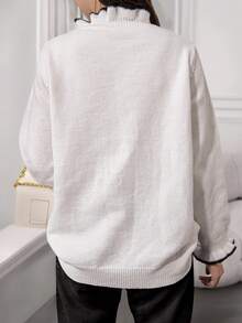 Plus Size Mulheres Babados Bainha Contraste Cor V-Neck Casual Pullover Sweater