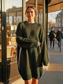 1件大码宽松纯色罗纹针织连衣裙，休闲日常穿着，秋冬季 - 橄欖綠 - 查看 3