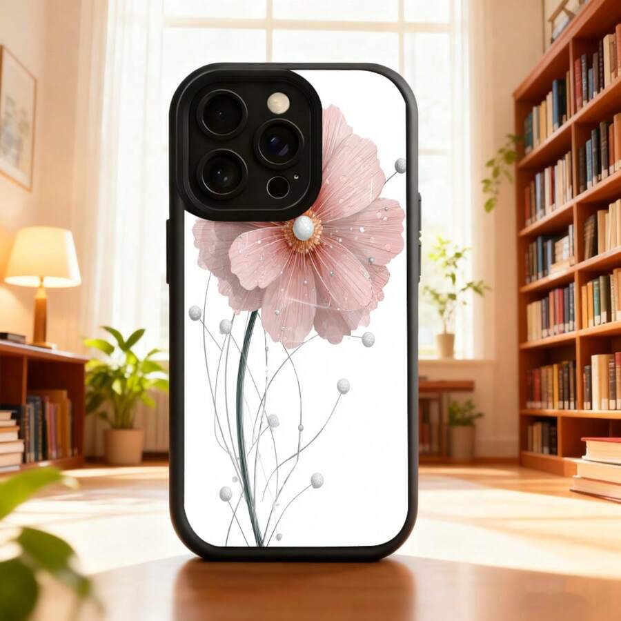 Pink Floral Black Edge Phone Cover For IPhone 14 Pro Max, Protective Case With Delicate Flower Print And Shiny Details, Ideal For Daily Use At Home Or Office, Fashionable Mobile Phone Accessories For Men And Women - 酒紅色 - 查看 1