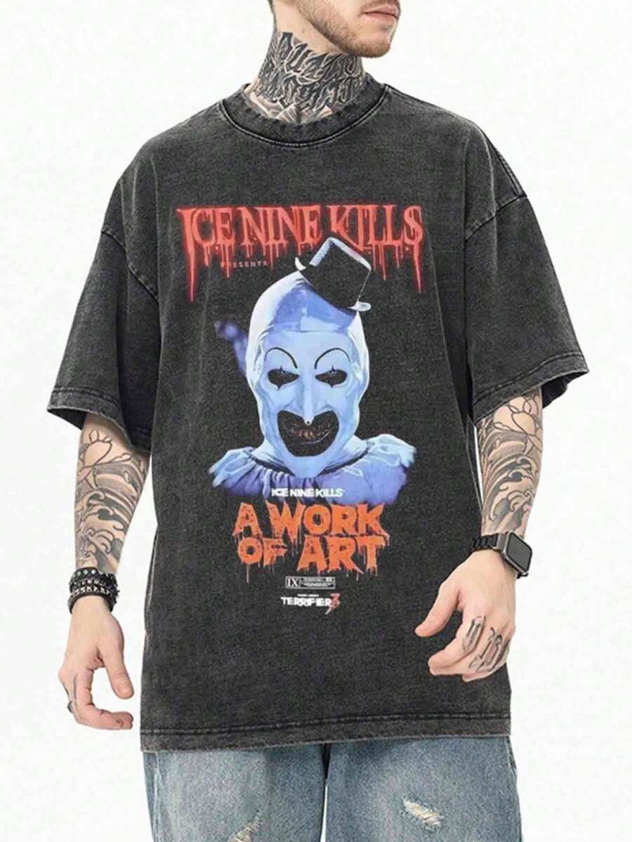 Men's Distressed Casual GHOST Cartoon Print Crew Neck Short Sleeve T-Shirt - Negro - Ver 1