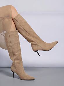 秋冬季尖头时尚百搭麂皮过膝长靴，猫跟 - 卡其色 - 查看 4