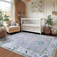 Area Rug 8x10 Feet Washable Rug, Pink Vintage Traditional Rug, Foldable Ultra-Thin Retro Decorative Indoor Distressed Non-Slip Carpet Floral Print Mat Bedroom Living Room Bathroom - 淺紫色 - 查看 4