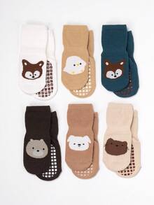 6pcs/Pack Toddler Cartoon Animal Print Anti-Slip Socks, Suitable For Spring & Autumn, Boys & Girls