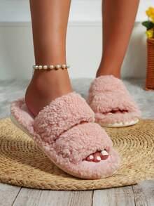 Fall/Winter Women's Warm Plush Slip-On House Slippers, Soft Sole Thickened Simple Fluffy Indoor Anti-Slip Slippers - Pink - View 2