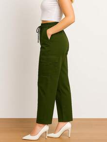 Women's Cargo Pants With Elastic - Olive Green - View 4
