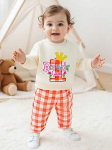 Conjunto de pantalón de cumpleaños para bebé niña, camiseta de manga larga con cuello redondo y bordado de la letra quot;Feliz cumpleañosquot; + pantalón a cuadros, ropa informal de mezcla de algodón suave, ideal para fotos de cumpleaños y fiestas. - Albaricoque - Ver 2