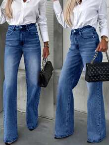 Calça jeans feminina plus size casual lavada com perna reta