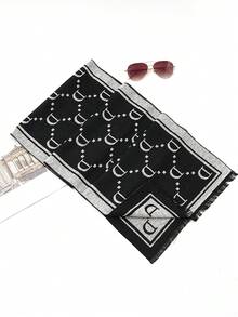 1 pieza Bufanda corta con flecos de doble cara de imitación de cachemira, cálida y suave, para hombre, adecuada para mantener el calor, ropa exterior, viajes, fotografía, regalos festivos - Blanco y Negro - Ver 2