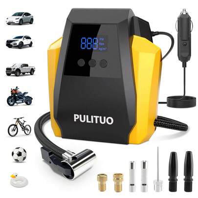 PULITUO Portable Tire Inflator For Cars & Bikes – Compact 12V Air Compressor Pump With Digital Pressure Gauge, Auto Shutoff, Emergency LED Light – Easy To Use For Women, DIY Car Maintenance