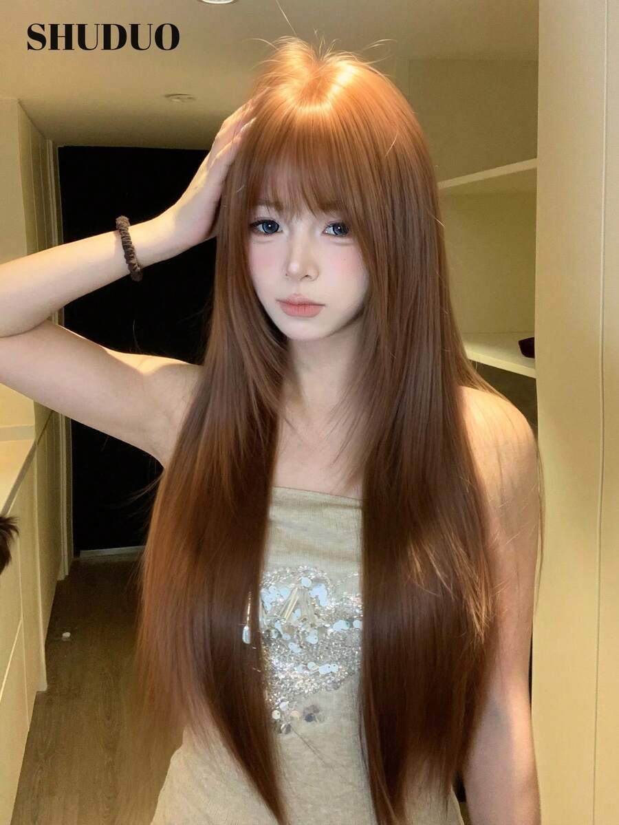 alicegarden 28-Inch Long Synthetic Wig Featuring A Natural Straight Style A Stunning Linen-Brown. Designed With Bangs , This False Hairpiece Is Perfect For Ms Daily Use, Offering A Natural And Realistic Appearance That Mimics Gift For Ladies. - Linen Brown - View 1