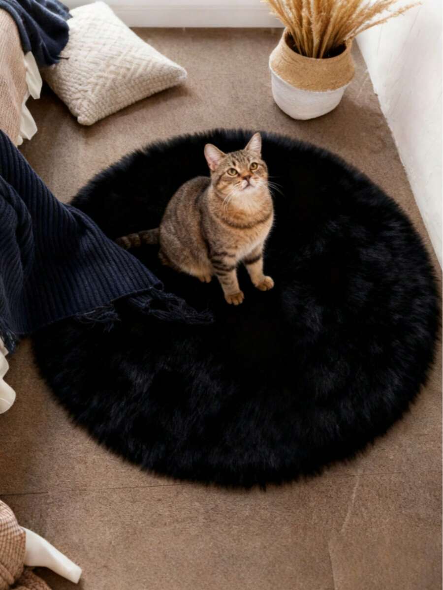 1pc Soft & Fluffy Round White Shag Rug, Comfortable For Bedroom, Living Room, Study, Office, Entryway, Can Be Used As Floor Mat To Create A Cozy Bedroom Ambiance - 黑色 - 查看 1
