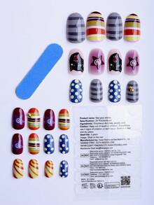 24 piezas de uñas postizas con forma de almendra en caja de regalo, estilo dulce y fresco, morado uva con corazón de cinco puntas, rayas neón soñadoras, lunares amarillos juguetones, adecuadas para citas, reuniones, fiestas, salidas y otras ocasiones, uñas postizas con pegamento de gelatina 1 pieza 1 lima