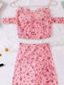 3pcs New Mesh Floral Print Lingerie Set Including Sheer Top, Long Dress, And Shorts - Pink - View 11