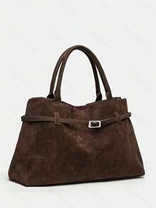 1pc BUTFLY Retro Large Capacity Suede Handbag, Solid Color, Fixed Shoulder Strap, Buckle Closure, Polyester Lining, Suitable For Daily Commute, Dates And Travel - Coffee - View 3