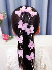 2PCS Chinese Red Christmas Bow Braided Hair Chain Girl's Bow Hair Clip Princess Hair Accessories Retro Pearl Tassel Hair Clip Children's Hair Accessories (Paper Card Display)