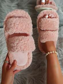 Fall/Winter Women's Warm Plush Slip-On House Slippers, Soft Sole Thickened Simple Fluffy Indoor Anti-Slip Slippers - Pink - View 6
