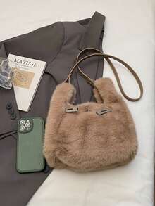 女士蓬松托特包，大容量，2025年秋冬新品，独特毛茸茸单肩斜挎包 - 杏色 - 查看 8