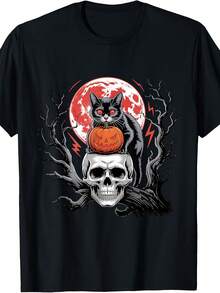 Black Cat Pumpkin Halloween Hallows Night Horror Skull T-Shirt - Style 23 - View 1
