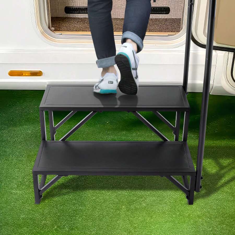 RV Steps, 2-Step RV Stairs, 440 LBS Load Capacity, Thickened Carbon Steel, With Handrail, Non-Slip Steps For Entry And Exit, Suit For RV, Trailer, Camper Steps - 黑色 - 查看 1