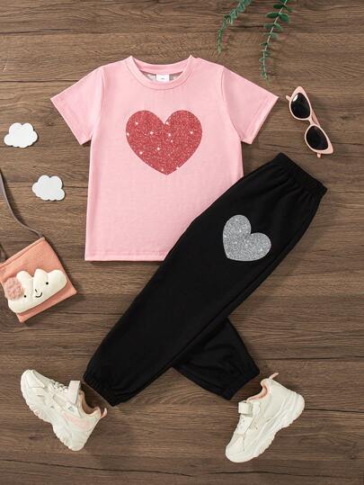 2pcs/Set Girls Casual Heart Print Short Sleeve T-Shirt And Long Pants Outfit, Regular Fit, Summer