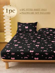 1pc Fashionable Pink Bow Pattern Fitted Sheet, High-Quality Mattress Protector, Valentine's Day Heart Mattress Cover, Fitted Sheet, Soft & Breathable, Fits Various Bed Sizes - Twin, Full, Queen, King, Deep Pocket Design Up To 11.8 Inches, Breathable & Anti-Wrinkle, Machine Washable