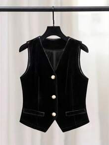 女士优雅无袖天鹅绒西装外套，适合通勤，秋冬季 - 黑色 - 查看 3