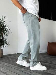 宽松无弹力直筒棉质牛仔裤，休闲水洗宽松牛仔裤，情侣款直筒宽松水洗牛仔裤，Y2K风格休闲裤，带纽扣和拉链，适合所有季节 - 藍色 - 查看 4