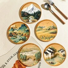 1 set/6 piezas Posavasos de madera con patrón de paisaje rural, set de material de tabla de madera, manteles aislantes de calor, adecuados para bar, reuniones en el hogar, cafetería, oficina, todas las ocasiones, decoración del hogar, regalo de Navidad - Posavasos circular de madera - Ver 4