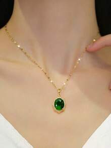 Bộ trang sức cổ điển gồm dây chuyền và bông tai đính đá hình oval ngọc lục bảo, thanh lịch dành cho nữ, thích hợp cho các bữa tiệc, đeo hàng ngày và các lễ hội. - màu xanh lá - Xem 3