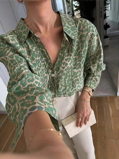 Blusa de mujer con estampado de leopardo verde, decoración de botones y bolsillo, de manga larga, para primavera y otoño