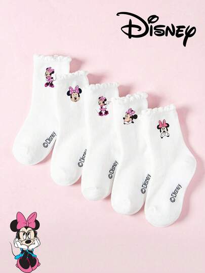 Disney 5 Pairs Minnie Mouse Lace Trim White Crew Socks For Kids, Adorable Cartoon Pattern, Fashionable Casual Comfortable Breathable Student Socks, Suitable For Daily Wear, Back To School, Holiday Gifts