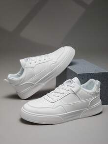 男士简约纯白拼接系带滑板鞋，时尚休闲运动鞋，适合日常通勤和散步，夏季必备 - 白色 - 查看 3