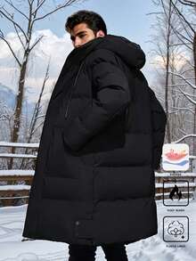 Men's Long Sleeve Winter Padded Coat, Mid-Length Knee-Length With Hood, Casual, Business, Street Fashion Parka - Black - View 2