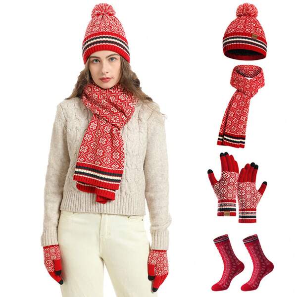 Winter-Strickset neu : Europäisch-amerikanisch, Wollmaterial, Mütze+Schal+Handschuhe+Socken