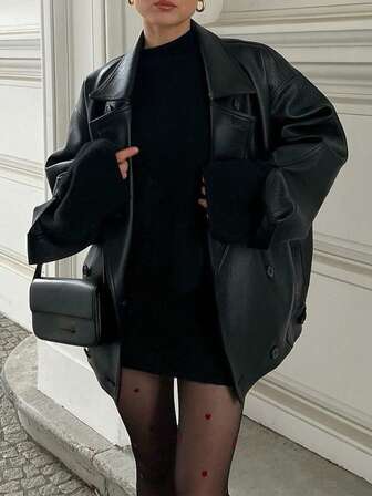 大码女式皮夹克，宽松基本款皮大衣，长袖大码双排扣皮夹克，高端 PU 皮夹克