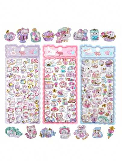 ملصقات 3D جميلة - قطط صغيرة محبوبة، حيوانات، وملصقات شفافة خفيفة الوزن ذات موضوعات خيالية - بتصميمات ذهبية ولامعة في أربعة مجموعات مختلفة للألبومات والهواتف (مزيج عشوائي)