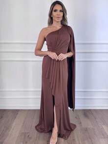 Women's Long Party Dress One Shoulder With Elegant Slit One Size M (Fits 38 To 42) Simple Elegant Party Beach Wedding, Bridesmaid And Graduation. - 鏽棕色 - 查看 3