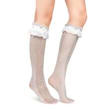 Benefeet Sox Lace Knee High Socks Women Girls Patterned Mesh Fishnet Knee High Stockings Hollow Calf Lolita Sock{"Color_name":"White-LaceRuffleFloralPattern"} - 白色蕾絲荷葉邊花卉圖案 - 查看 5