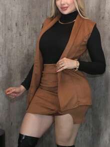 conjunto de 3 piezas conjunto de gamuza conjunto de dama conjunto para ideal para esta temporada conjunto basico para invierno conjunto de dama conjunto de mujer super comodo conjunto de falda saco y blusa de cuello alto - Camel - Ver 5