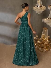 Faeriesty 单肩高开衩A字型女士正式晚礼服：优雅的单肩设计，搭配吸睛的高开衩和修身A字廓形，适合出席黑领结晚宴、婚礼招待会、盛大活动、颁奖典礼和慈善舞会。可搭配圣诞服装。 - 墨綠色 - 查看 2