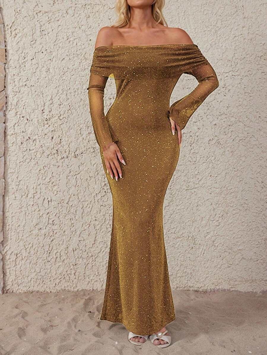 Sequin Off Shoulder Valentine's Day Dress, Spring - Khaki - View 1