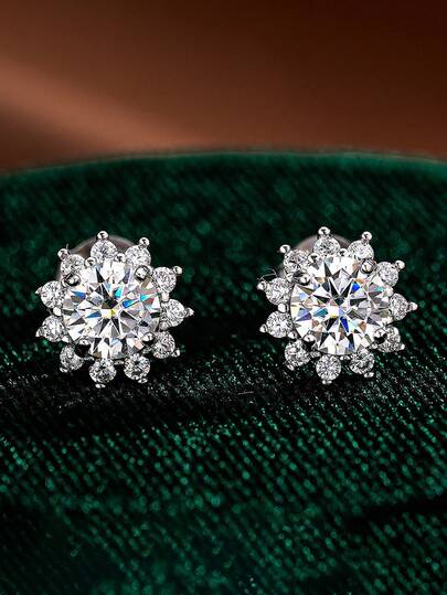 1 Pair Of 0.5ct-1ct Luxury Exquisite Snowflake-Cut Moissanite Stud Earrings, S925 Sterling Silver, Women's Engagement Gift, Girlfriend Birthday Anniversary Gift