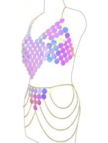 Womens Sexy Body Chains Suit Two Piece Sequins Bikini Beach Club Body Jewelry2025 - 039-金色套裝 - 查看 3
