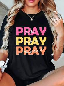100% Coton Chemise Chrétienne Foi Priez à ce sujet Priez sur elle Priez à travers elle T-Shirt Christ Chrétien Hauts T-Shirt Femmes Hommes Vacances d'été Doux Tee Coupe Décontractée Confort Classique Hauts - Noir - Voir 5